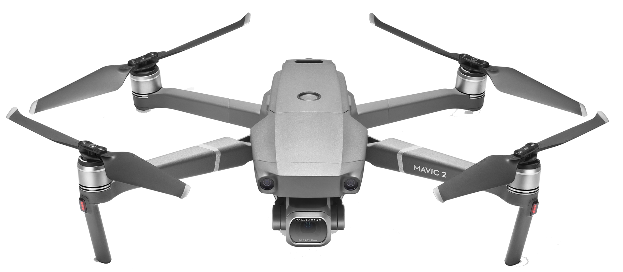 Grijze drone met vier propellers. Camera zichtbaar. Zwarte achtergrond.
