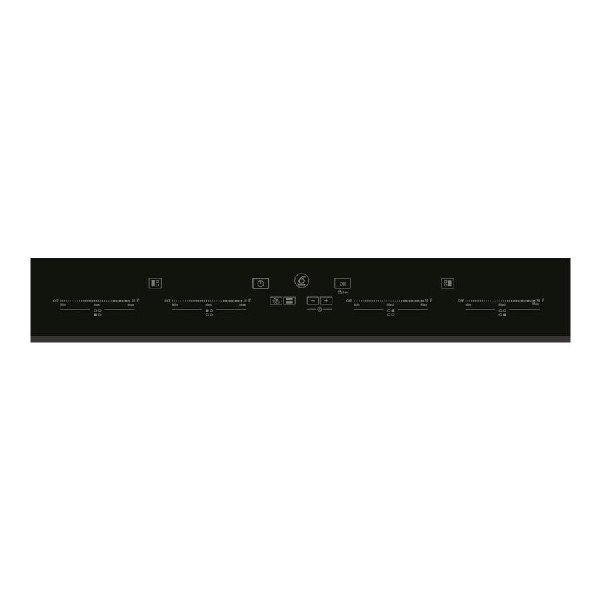 Panel de control de vitrocerámica de inducción negro con controles táctiles e indicadores. Fondo blanco.