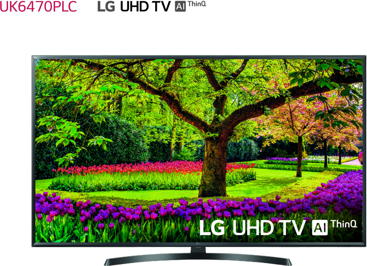 TV LG UHD mostrando una escena de naturaleza colorida, con el texto UK6470PLC y AI ThinQ.