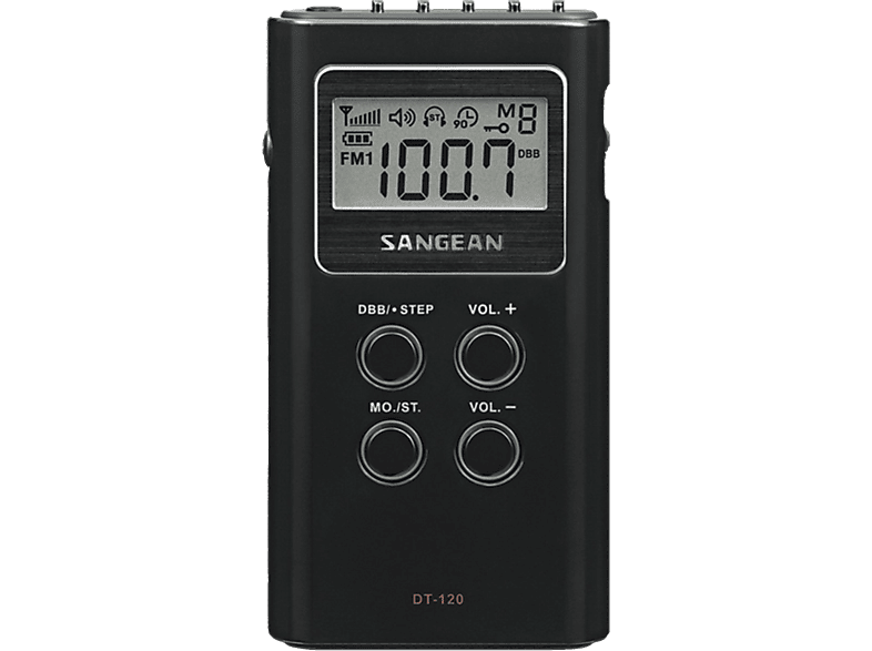 Radio portátil  Sangean DT-120, AM/FM, Pantalla LCD, Negro