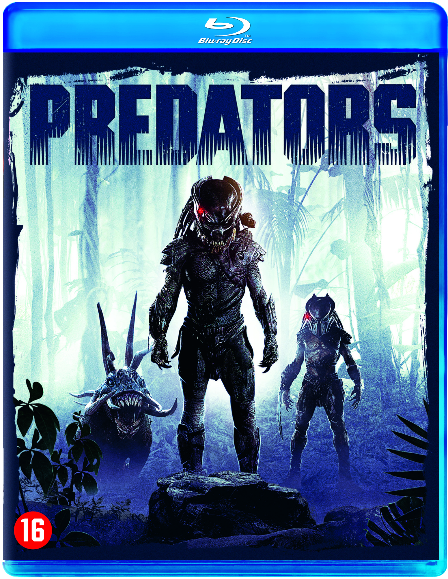 Blu-ray cover voor 'Predators'. Twee aliens in een jungle, met de titel.