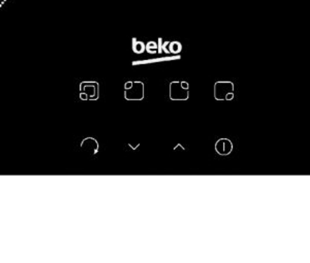 Panel de control negro con iconos iluminados. Logotipo de Beko visible. Fondo blanco.