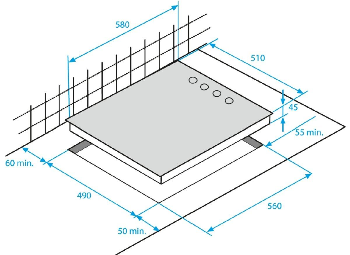 Diagrama de una placa de cocina con dimensiones. Muestra el tamaño del recorte y el aparato.