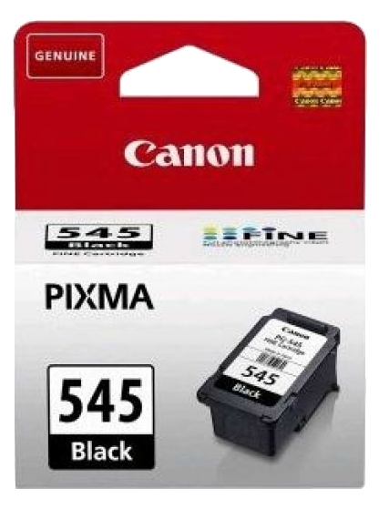 Cartucho de tinta negro Canon 545 en un paquete rojo y blanco. El cartucho también es visible.