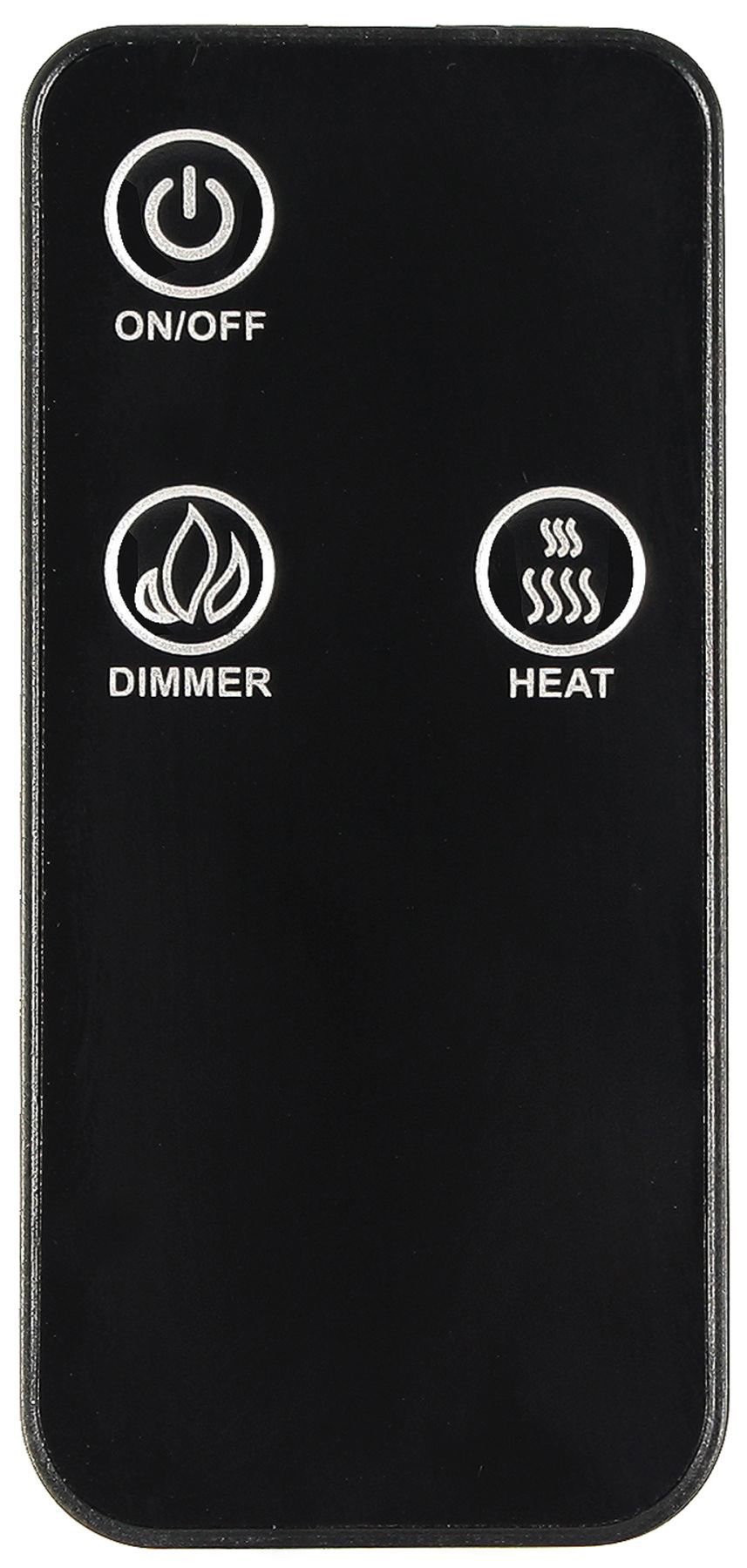 Schwarze Fernbedienung mit Ein-, Dimmer- und Heiztasten.
