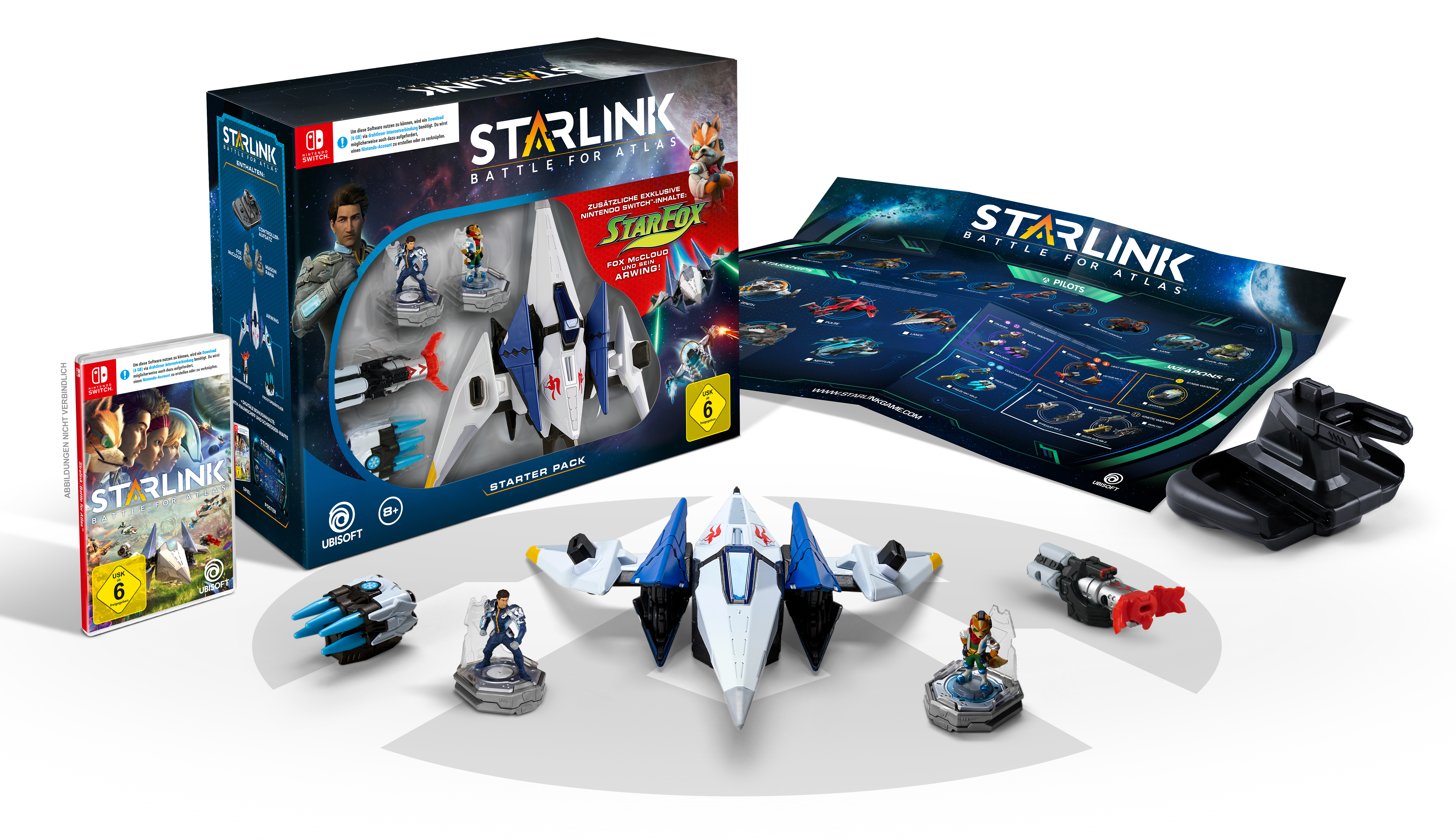 Starlink-Spielset mit Spielpatrone, Figuren und Spielkarte. Weißer Hintergrund.