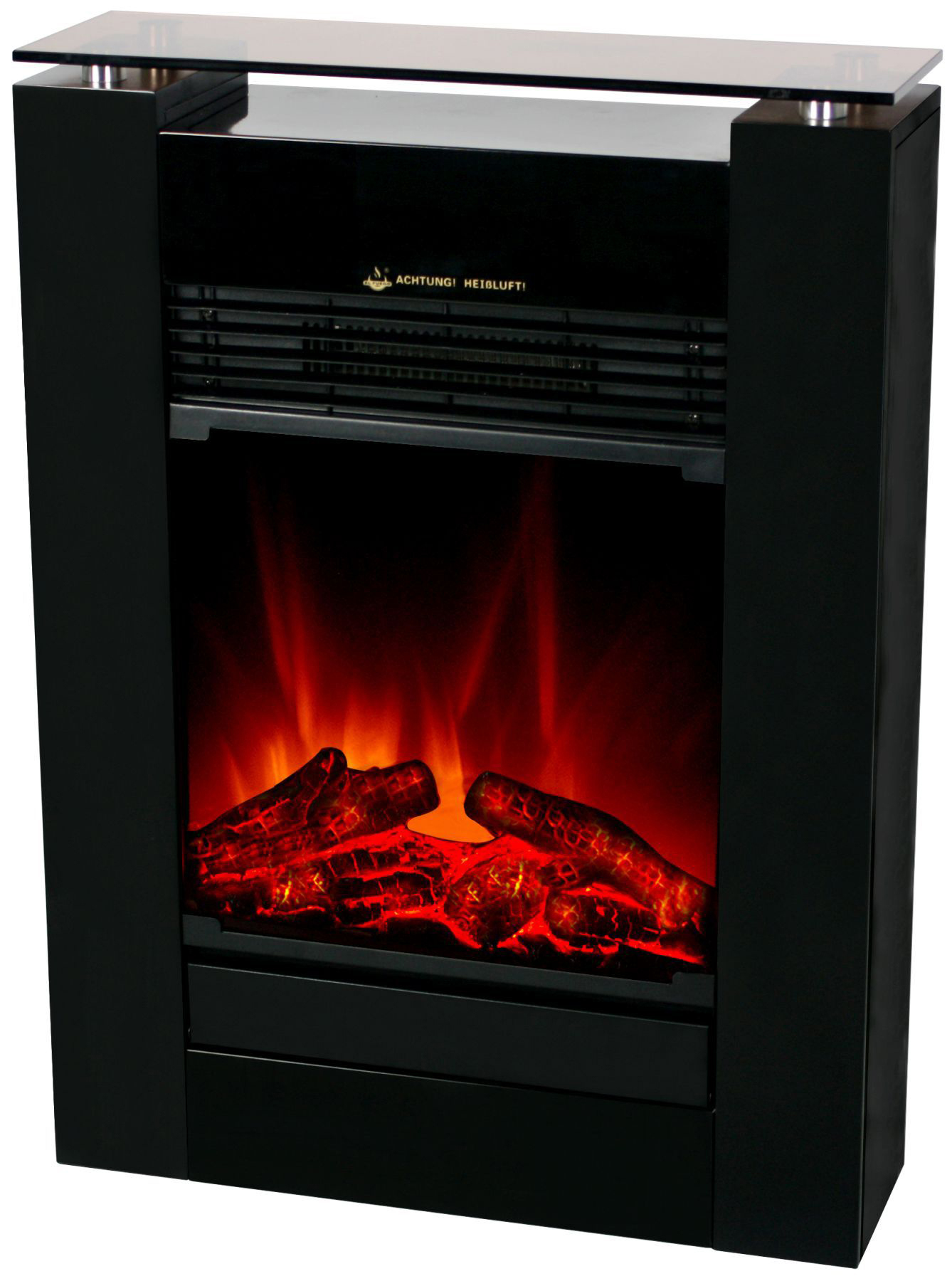 Schwarzer elektrischer Kamin mit beleuchteten Holzscheiten und Flammen.