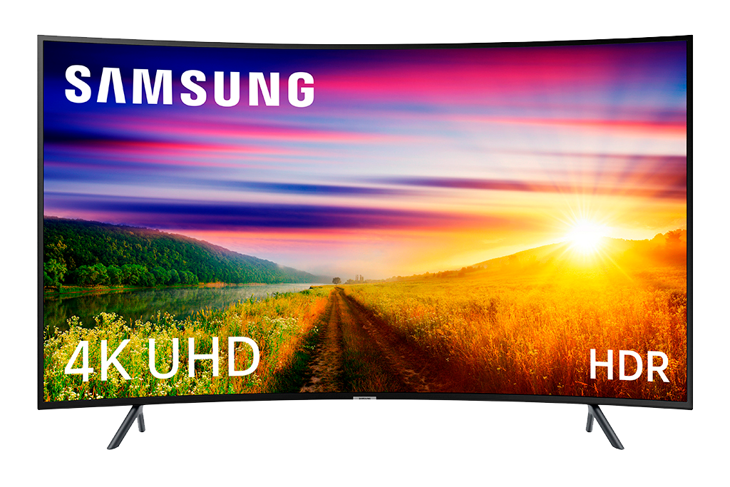 TV Samsung curvo con atardecer sobre campo. 4K UHD HDR.