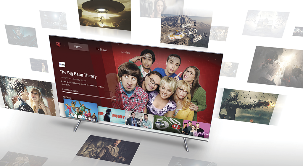 TV muestra episodio de comedia con imágenes del elenco. Varias imágenes flotan.