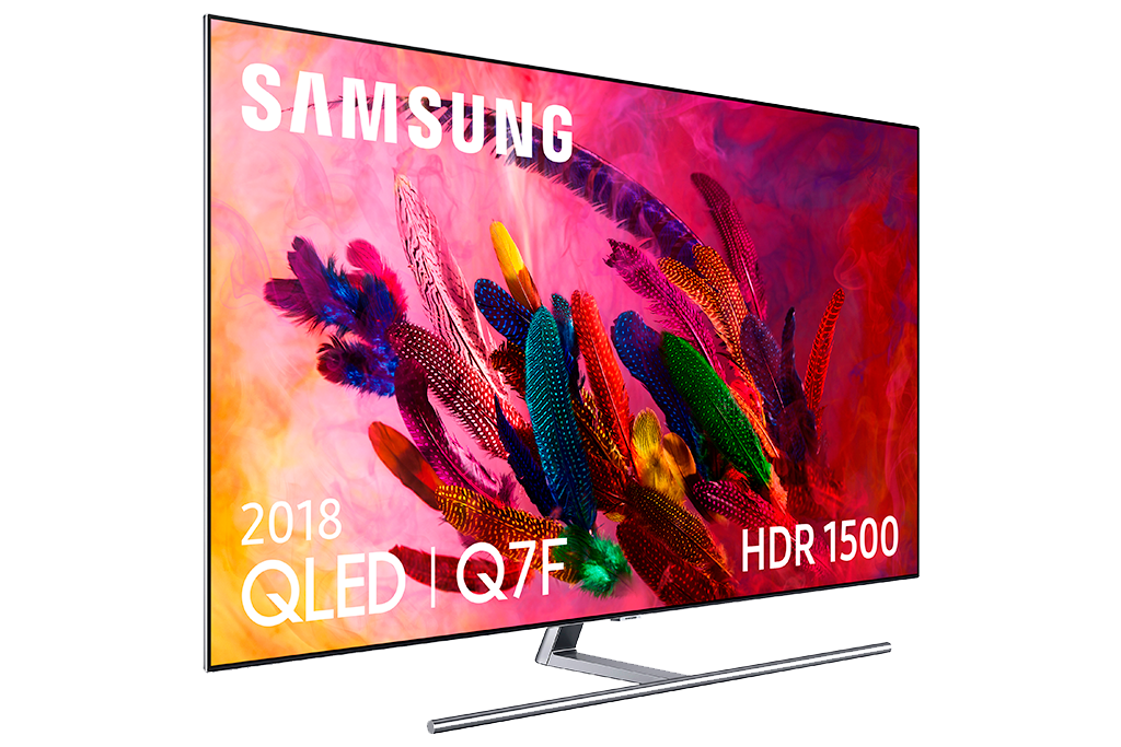 TV Samsung QLED, bisel negro, texto blanco. Imagen abstracta colorida en la pantalla. Dice 'HDR 1500'.