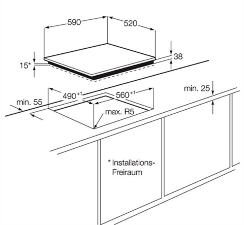Diagrama que muestra dimensiones y medidas para la instalación de una encimera integrada.