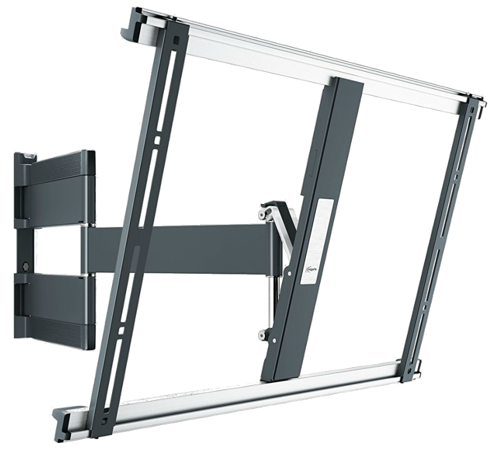 Soporte de pared para TV metálico. Colores negro y plateado. Forma rectangular. Sobre fondo negro.