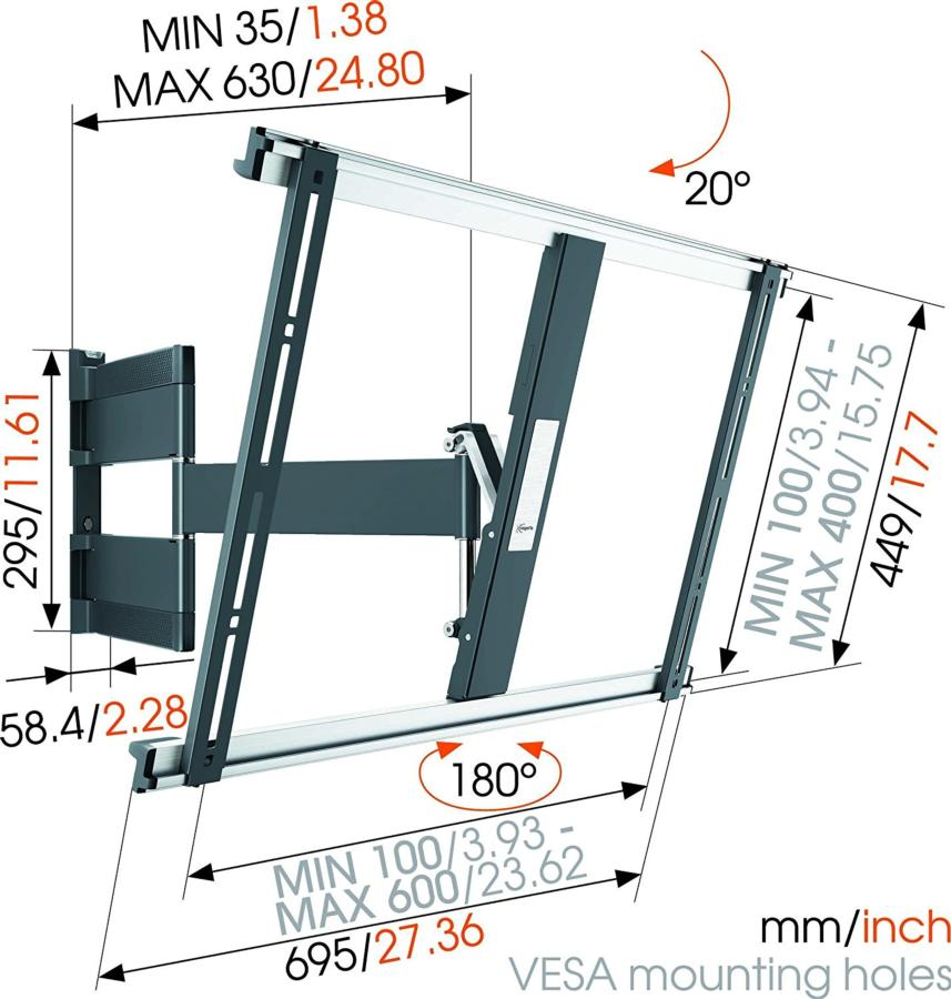 Soporte de pared para TV negro y plateado con dimensiones en milímetros y pulgadas.