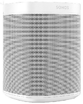 Altavoz Sonos blanco con una malla frontal. La palabra 'SONOS' está escrita en la parte superior.