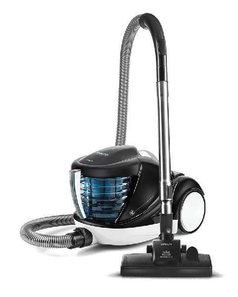 Aspiradora Panasonic. Cuerpo blanco y negro con contenedor de polvo azul transparente y manguera.