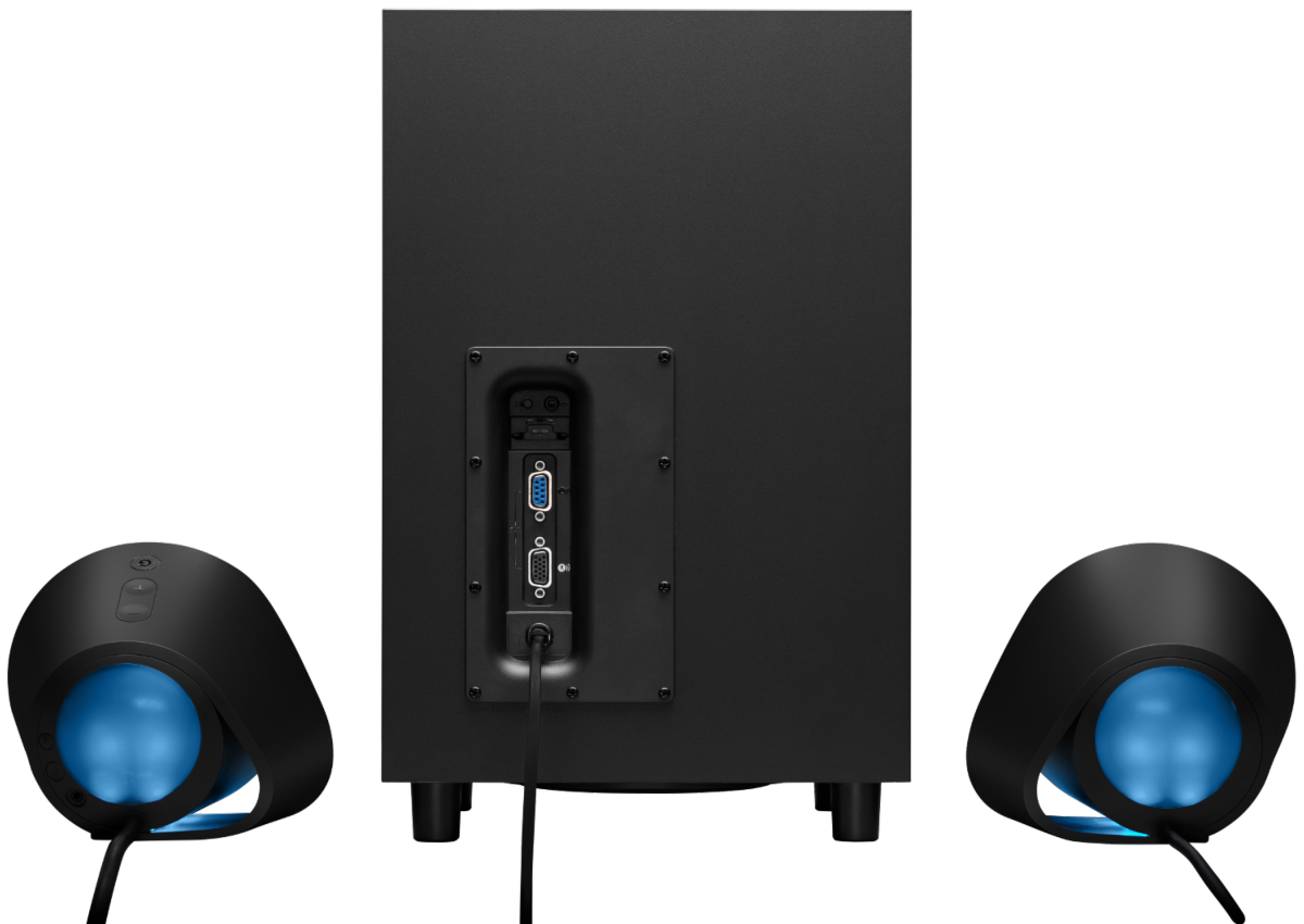 Vista trasera de un subwoofer negro con dos altavoces satélite con luces azules.