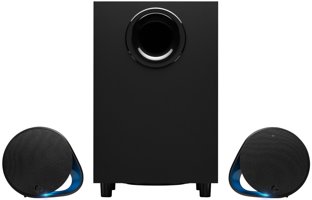 Sistema de altavoces negro con dos altavoces redondos y subwoofer.