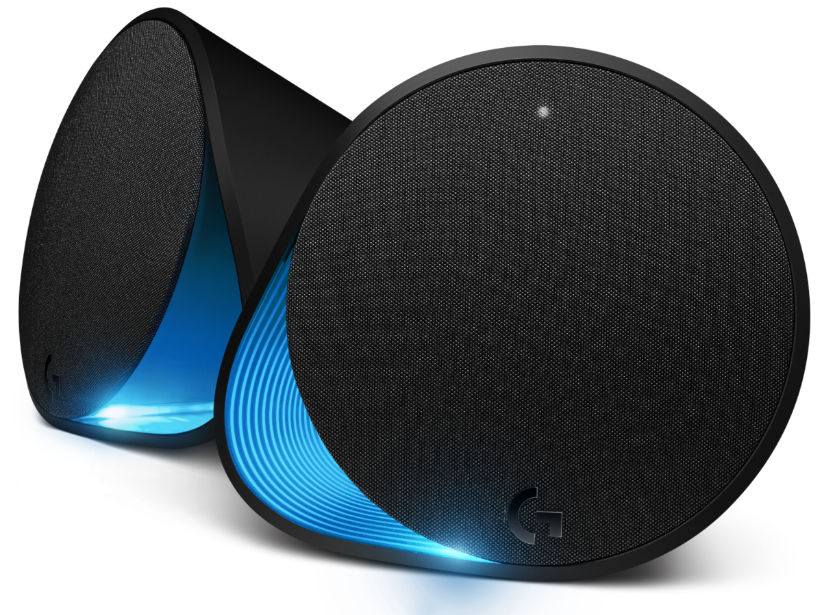 Dos altavoces negros con frente de malla y luz azul. El fondo es negro.