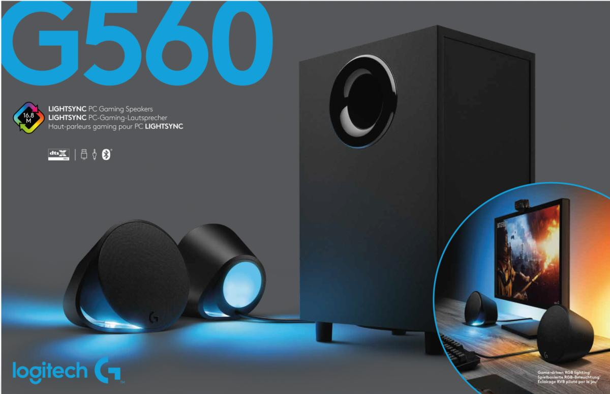 Altavoces Logitech G560 negros. Dos altavoces satélite y un subwoofer. La luz azul emana de los altavoces.