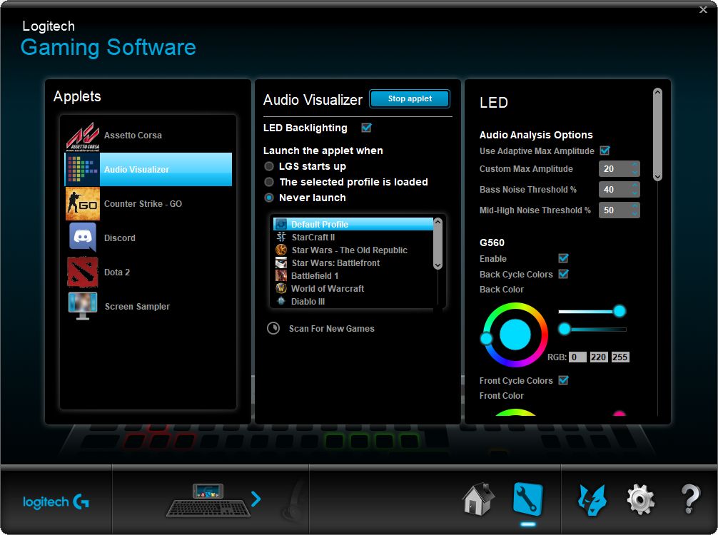 Interfaz del software de juegos de Logitech que muestra varios applets y configuraciones.