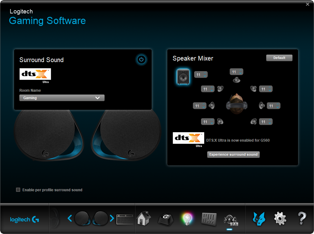 Interfaz del software Logitech Gaming, mostrando sonido envolvente y ajustes del mezclador.