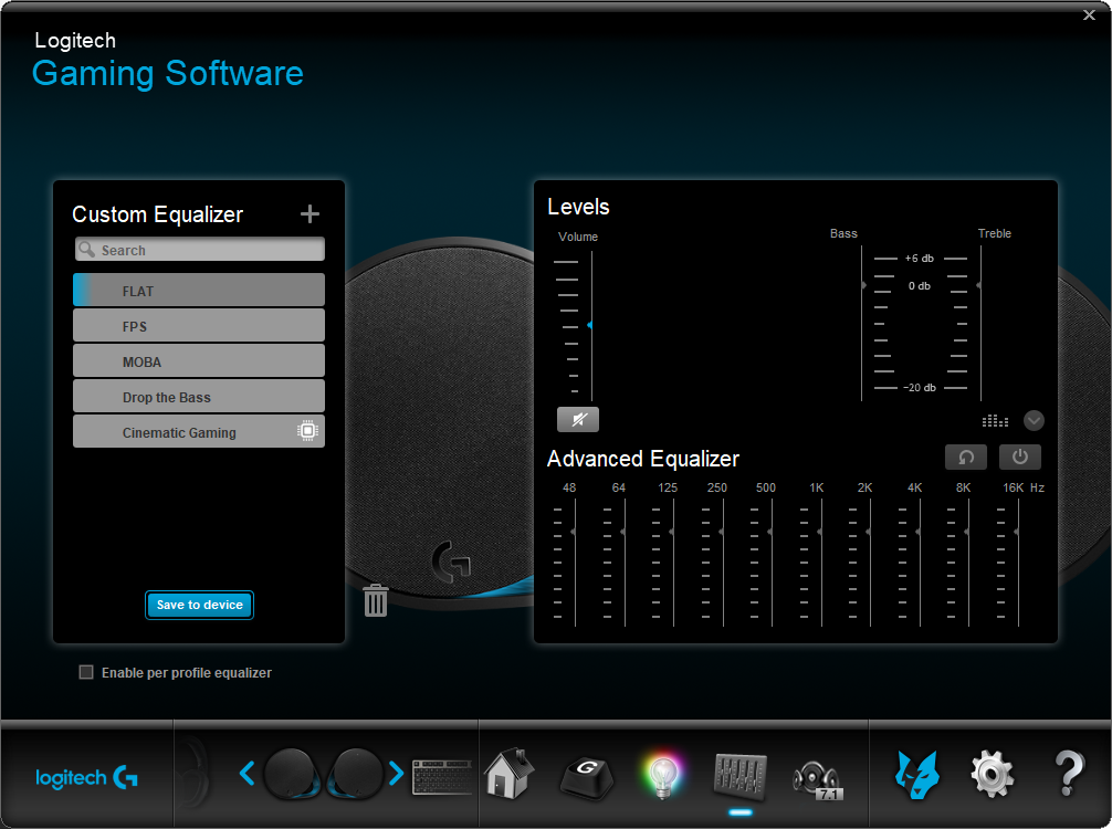 Interfaz del software de juegos Logitech con ajustes de ecualizador. Dos altavoces a la derecha.