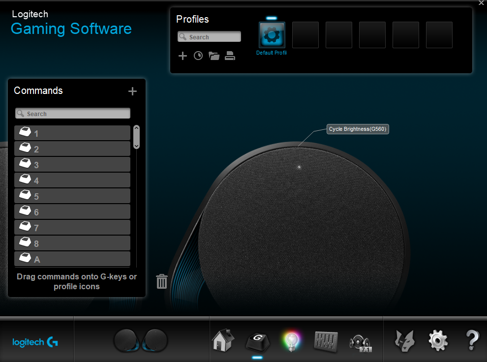 Interfaz del software de juegos Logitech, que muestra perfiles, comandos y configuraciones de hardware.