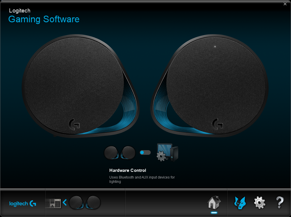 Dos altavoces negros con luces azules y una interfaz de software de juegos. Fondo azul oscuro.