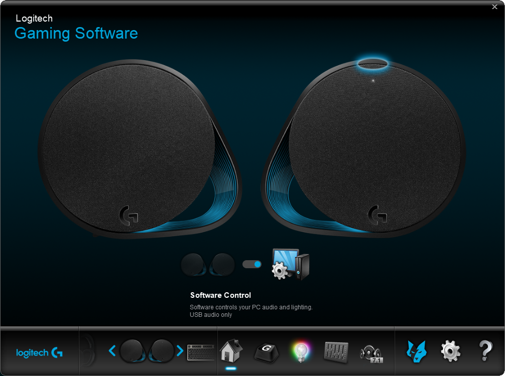 Dos altavoces Logitech negros con detalles azules, mostrados en una interfaz de software.