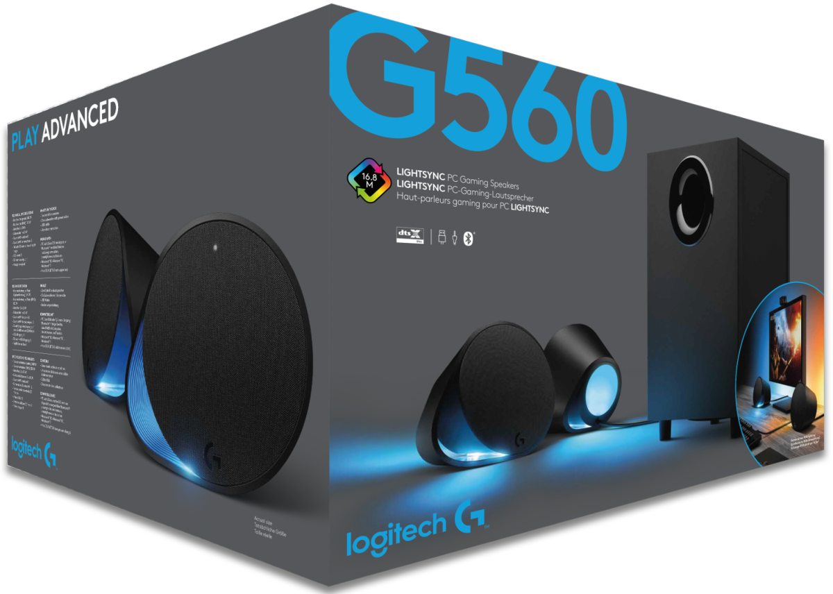Una caja de altavoces con altavoces y un subwoofer. La caja es oscura con luces azules y el logo de Logitech G560.
