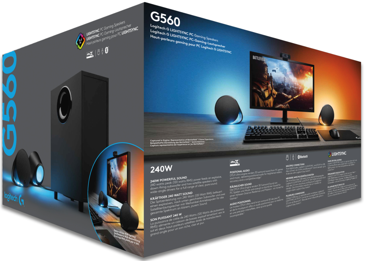 Caja de altavoces gaming G560. Incluye subwoofer, dos satélites y una cámara web.