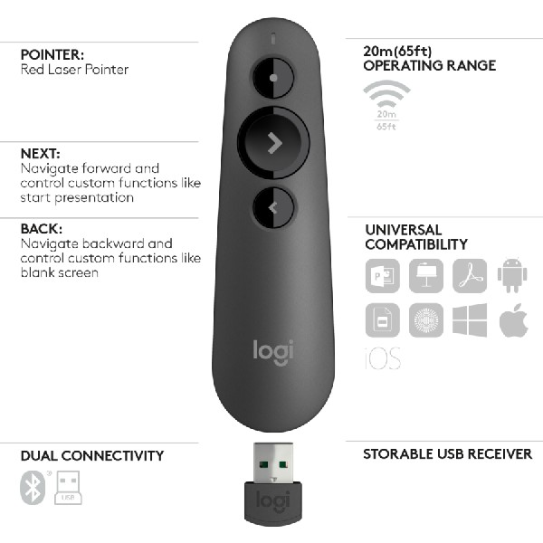 Presentador láser - Logitech R500 Laser Presentation Remote, Gris