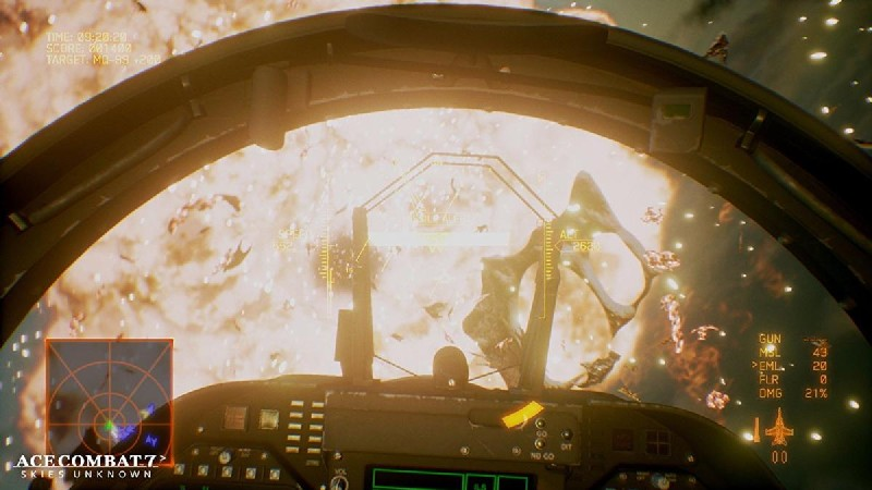 Vista de cabina de una escena de juego con una explosión.