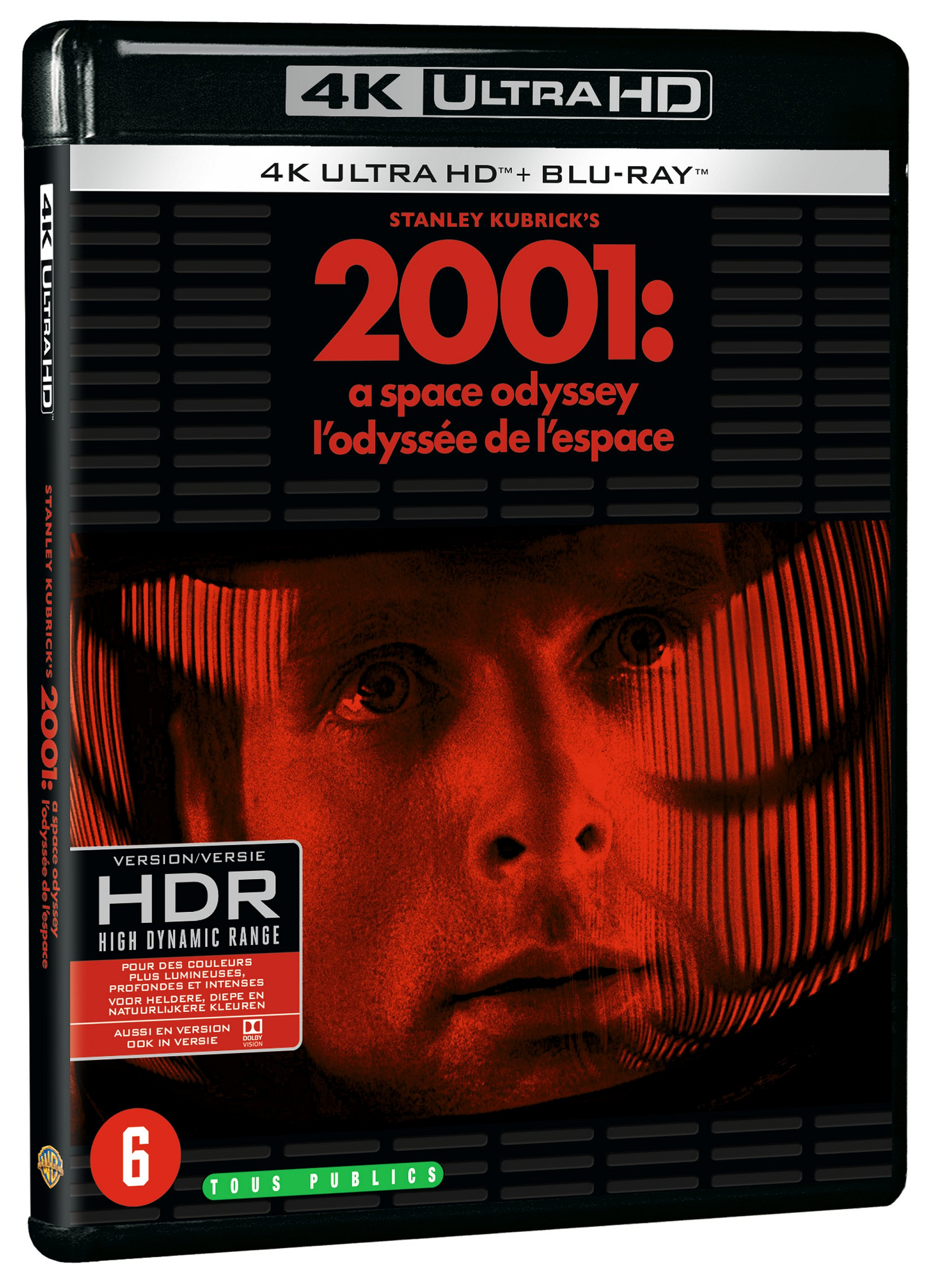Jaquette Blu-ray de 2001 : L'Odyssée de l'espace. Présente un homme en combinaison spatiale avec le visage teinté de rouge.