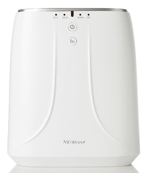 Purificador de aire blanco con botones y logo. La parte superior tiene indicadores de tiempo.