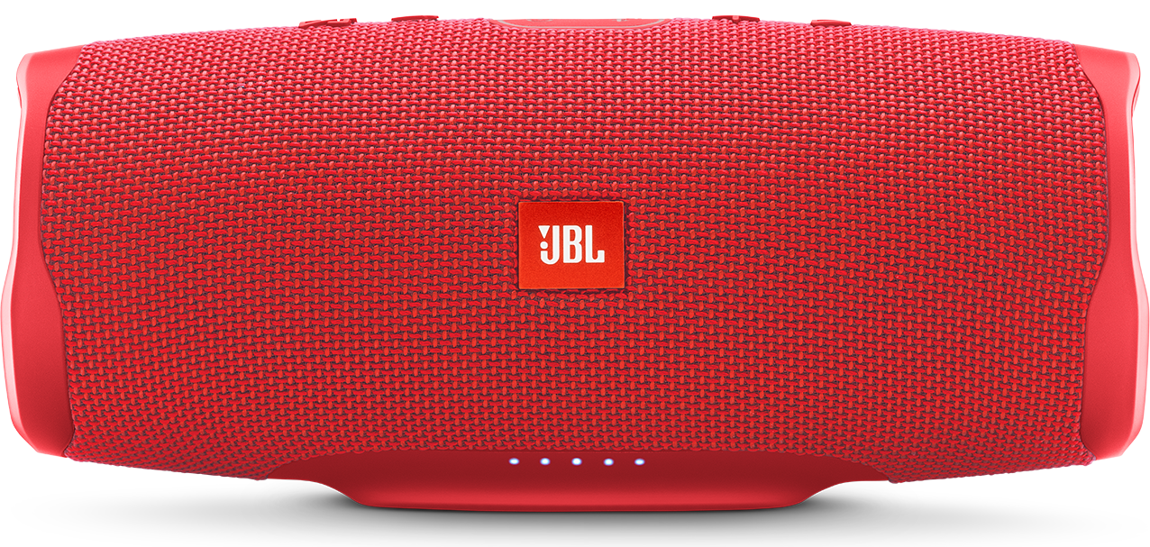 A red JBL Charge portable speaker, with the JBL logo visible on the front.