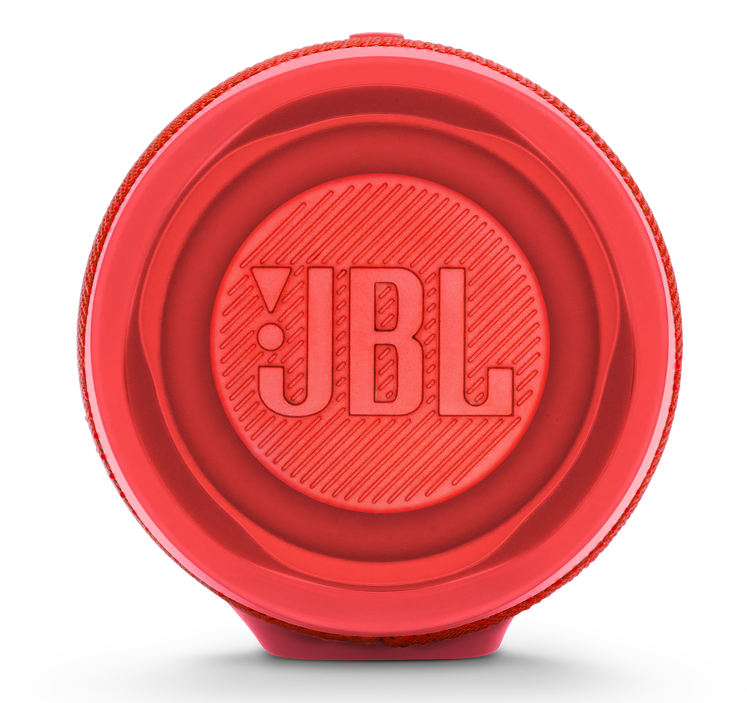A red JBL speaker, circular design, with the JBL logo in the center. Black background.