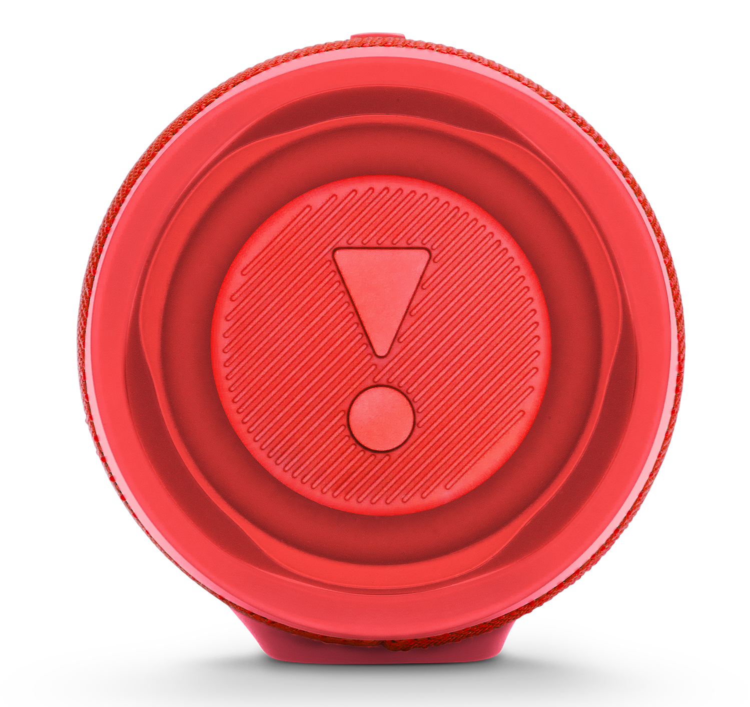 Red JBL speaker, round with an exclamation point button, on a black background.