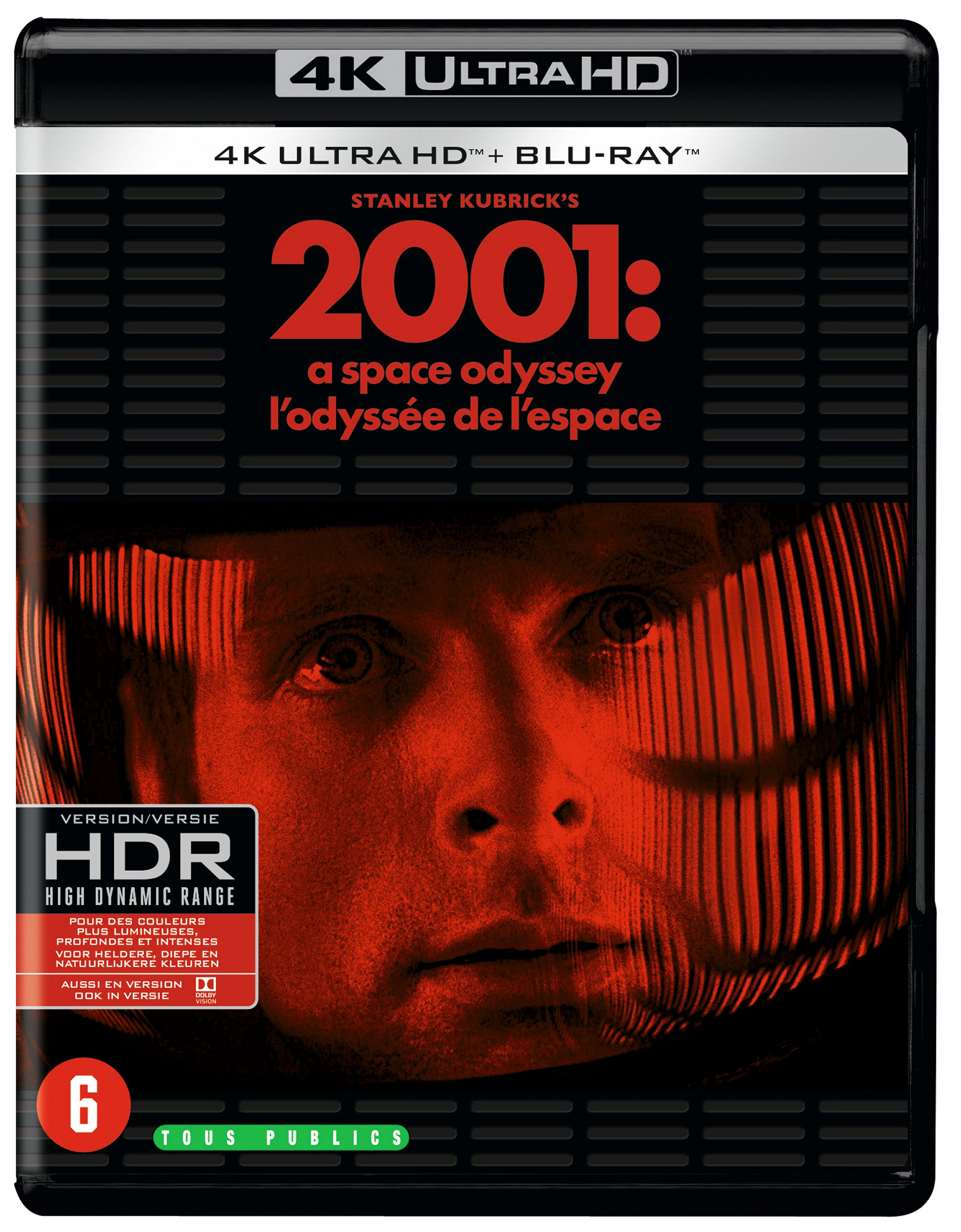 Jaquette Blu-ray 4K de 2001, l'Odyssée de l'espace. Montre un visage en rouge, avec un design noir et rouge.