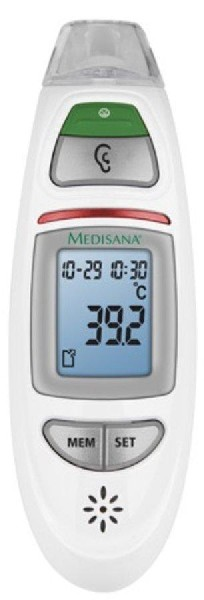 Un termómetro digital de oído blanco que muestra 39,2°C. Tiene botones y una pantalla.