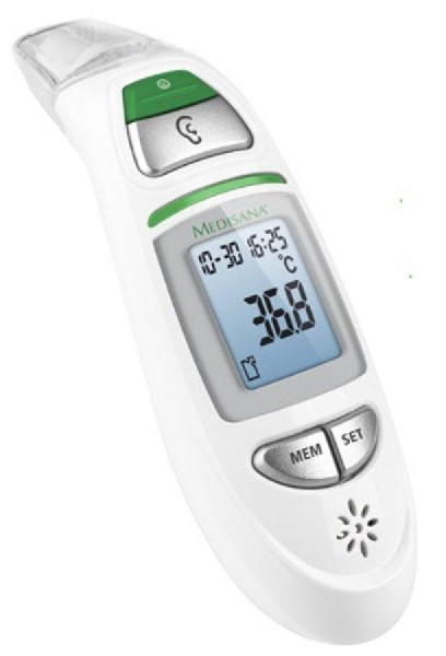 Un termómetro digital de oído blanco con un botón verde y una pantalla que muestra 36,8°C.