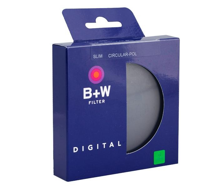 Caja de filtro B+W. Caja azul oscuro con descripción.