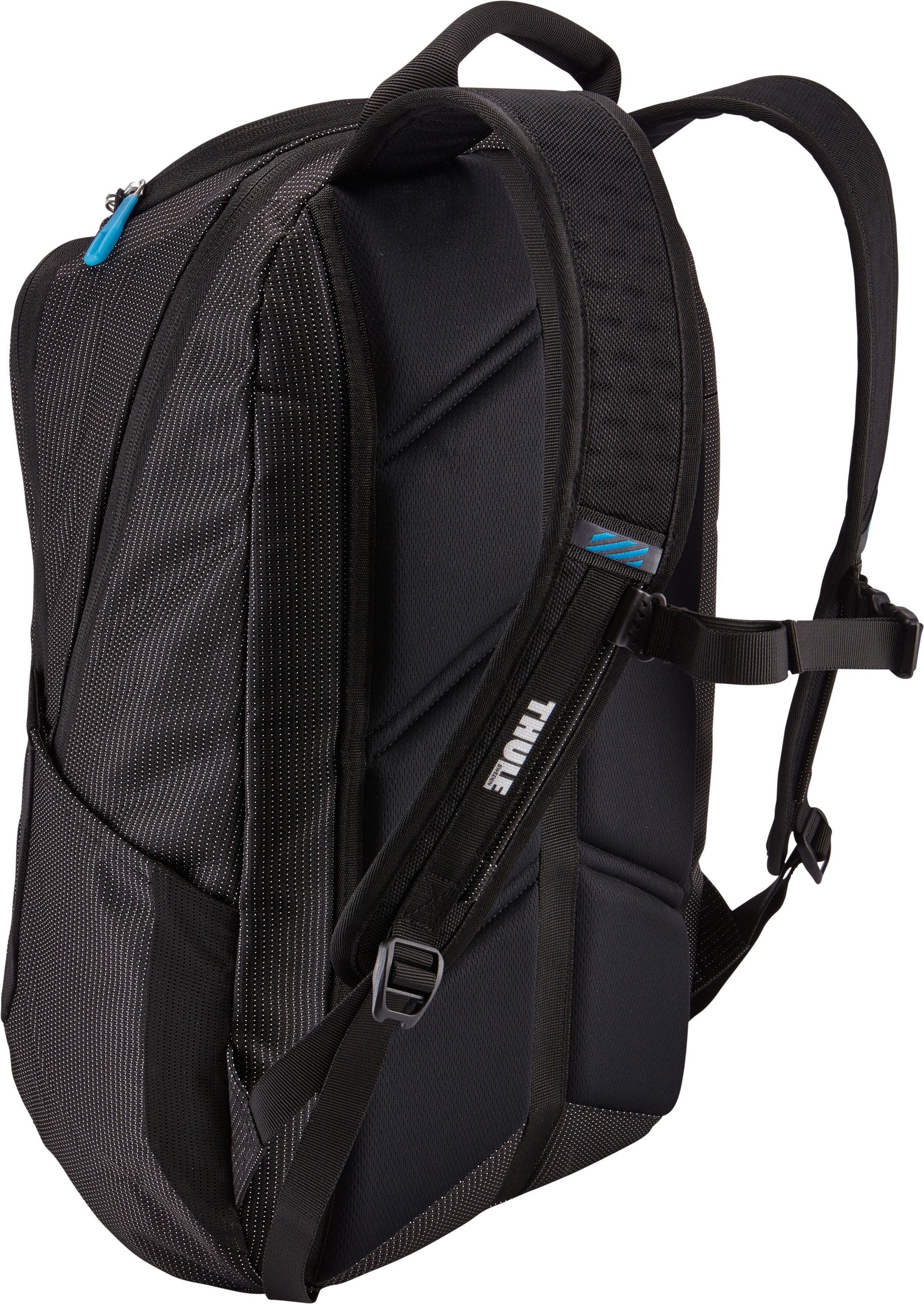 Mochila negra con puntos plateados y cremallera azul. Se ve el logotipo de Thule.