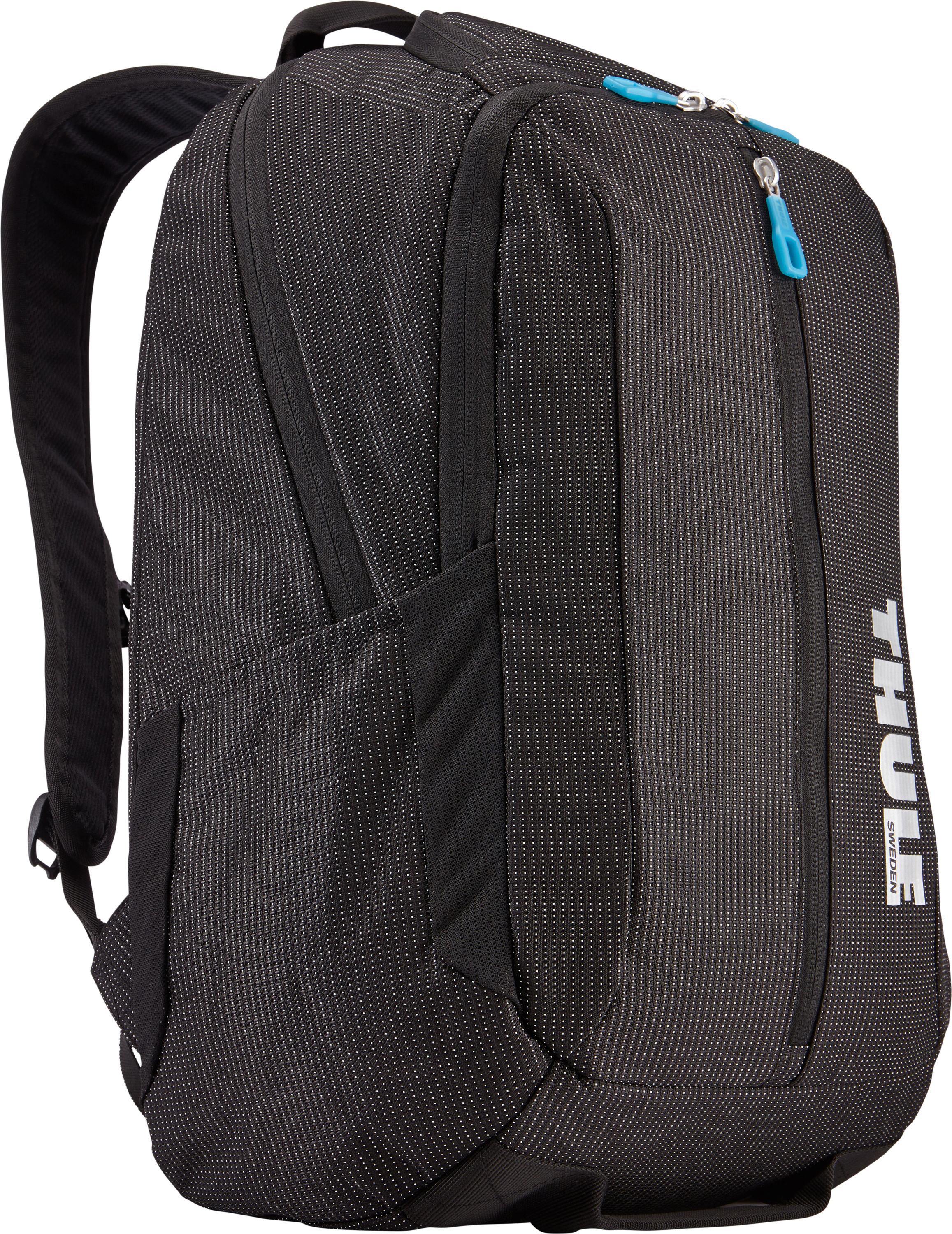 Mochila negra con un patrón de puntos blancos y una cremallera azul claro. El logotipo de Thule es visible.