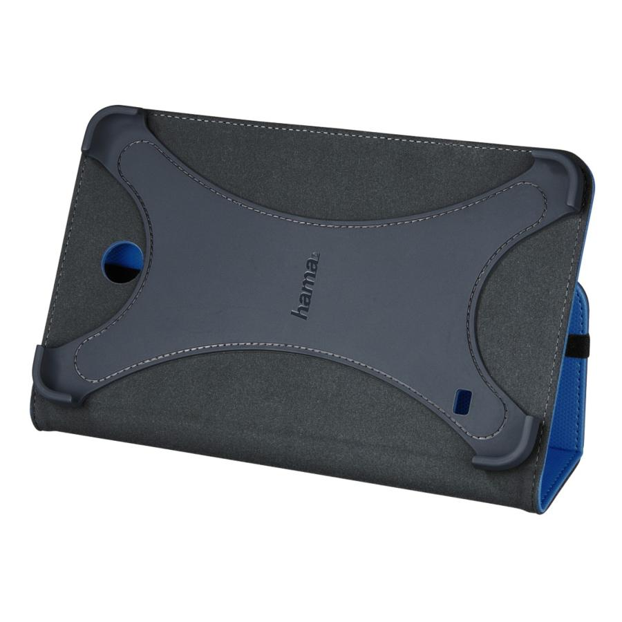 Funda de tableta, gris oscuro y azul, con un logotipo visible. La funda está abierta, mostrando el interior.