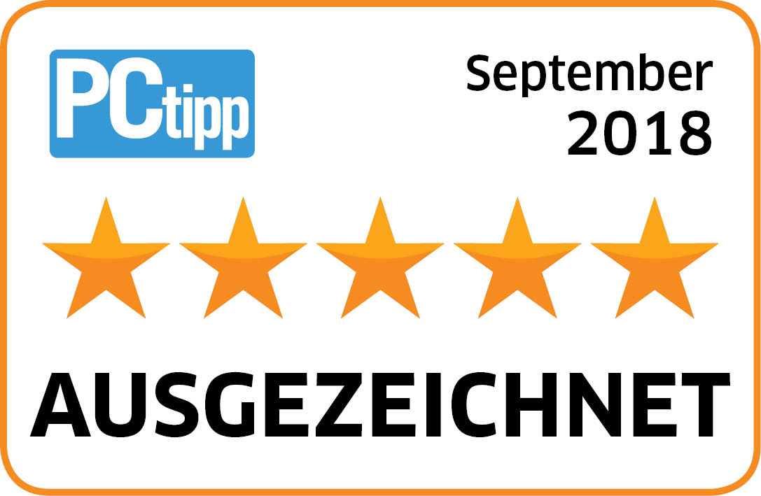 PCtipp-Logo mit 5 orangenen Sternen und Text 'AUSGEZEICHNET', September 2018.