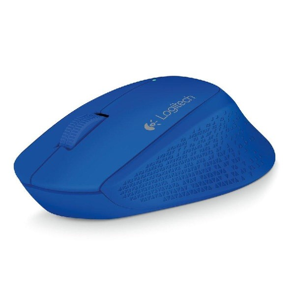 Ratón inalámbrico Logitech azul sobre fondo blanco. El ratón tiene una rueda de desplazamiento.