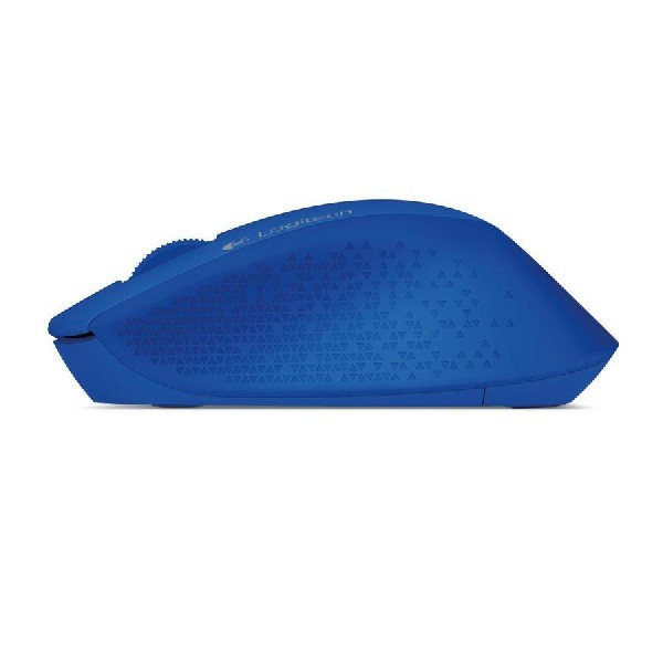Ratón Logitech inalámbrico azul, vista lateral. Fondo blanco con patrón triangular.