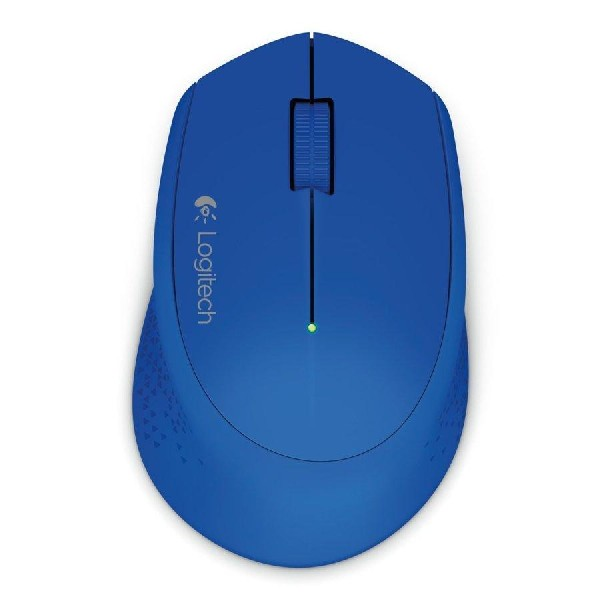 Ratón Logitech azul, vista superior, rueda de desplazamiento negra, luz verde, fondo blanco.