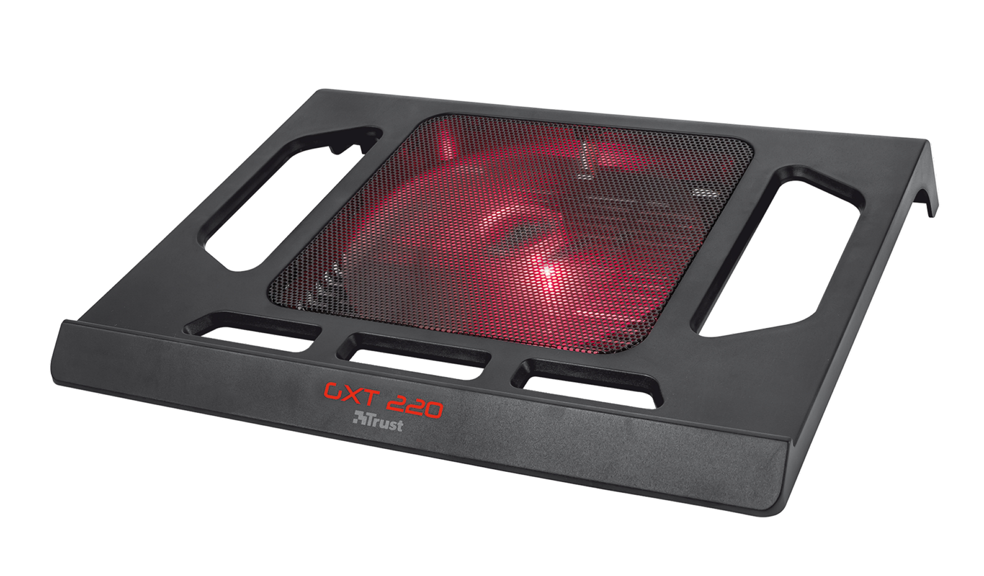 Base de refrigeración para portátil negra con rejilla roja y logo Trust GXT 220.